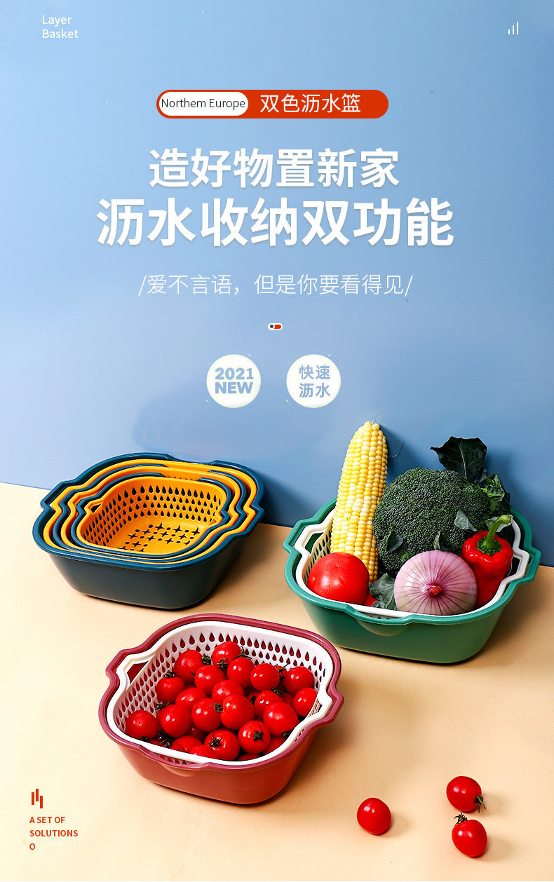 Double-Layer Vegetable Washing Basket Draining Basket Multi-Functional Fruit Plate Living Room Home New Kitchen Washing Fruit Basket Tao Vegetable Basket