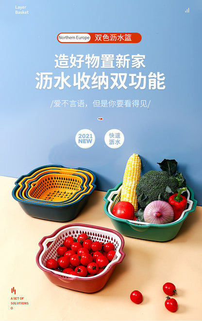 Double-Layer Vegetable Washing Basket Draining Basket Multi-Functional Fruit Plate Living Room Home New Kitchen Washing Fruit Basket Tao Vegetable Basket